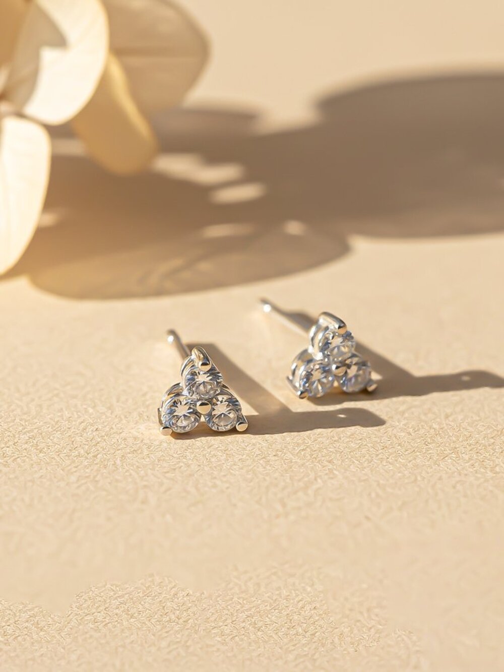 925 Silver Three Stoned Stud Earrings 14K Gold Gold Vermeil (2.5 Micron)